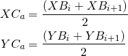 \begin{equation*} \begin{aligned} XC_a &= \frac{\left(XB_i + XB_{i+1}\right)}{2} \\ YC_a &= \frac{\left(YB_i + YB_{i+1}\right)}{2} \end{aligned} \end{equation*}