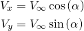 \begin{equation*} \begin{aligned} V_x &= V_\infty \cos\left(\alpha\right) \\ V_y &= V_\infty \sin\left(\alpha\right) \end{aligned} \end{equation*}