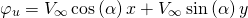 \begin{equation*} \varphi_u = V_\infty\cos\left(\alpha\right)x + V_\infty\sin\left(\alpha\right)y \end{equation*}