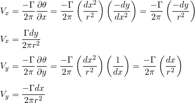 \begin{equation*} \begin{aligned} V_x &= \frac{-\Gamma}{2\pi}\frac{\partial\theta}{\partial x} = \frac{-\Gamma}{2\pi}\left(\frac{dx^2}{r^2}\right)\left(\frac{-dy}{dx^2}\right) = \frac{-\Gamma}{2\pi}\left(\frac{-dy}{r^2}\right) \\[5pt] V_x &= \frac{\Gamma dy}{2\pi r^2} \\[5pt] V_y &= \frac{-\Gamma}{2\pi}\frac{\partial\theta}{\partial y} = \frac{-\Gamma}{2\pi}\left(\frac{dx^2}{r^2}\right)\left(\frac{1}{dx}\right) = \frac{-\Gamma}{2\pi}\left(\frac{dx}{r^2}\right) \\[5pt] V_y &= \frac{-\Gamma dx}{2\pi r^2} \end{aligned} \end{equation*}