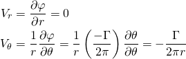 \begin{equation*} \begin{aligned} V_r &= \frac{\partial \varphi}{\partial r} = 0 \\ V_\theta &= \frac{1}{r} \frac{\partial \varphi}{\partial \theta} = \frac{1}{r}\left(\frac{-\Gamma}{2\pi}\right) \frac{\partial\theta}{\partial\theta} =  -\frac{\Gamma}{2\pi r} \end{aligned} \end{equation*}